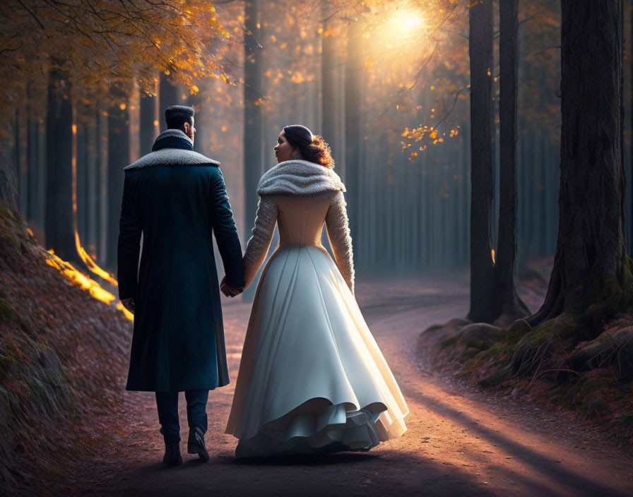 Vintage couple walking hand-in-hand in forest with sunlight rays.