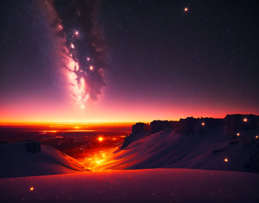 Snow-covered Land with Luminous Milky Way and Glowing Horizon