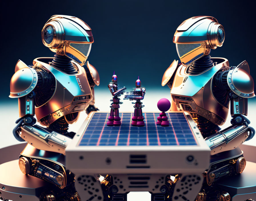 Futuristic robots playing table tennis with mini umpire