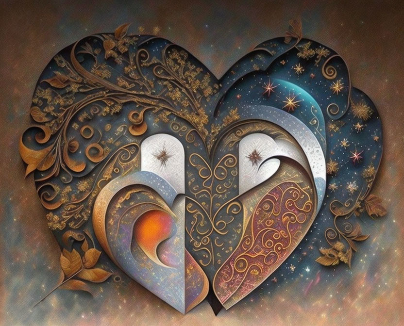 Ornate Cosmic and Floral Heart Design on Textured Brown Background