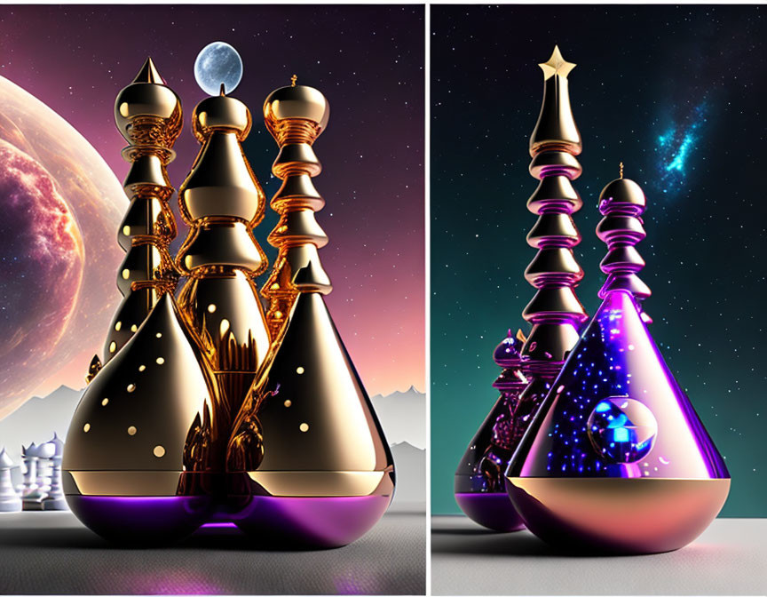 Fantasy-themed chess pieces with mystical potion designs on celestial background