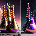 Fantasy-themed chess pieces with mystical potion designs on celestial background