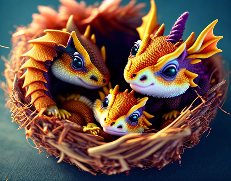 Vibrant Colorful Toy Dragons Nestled in Woven Nest