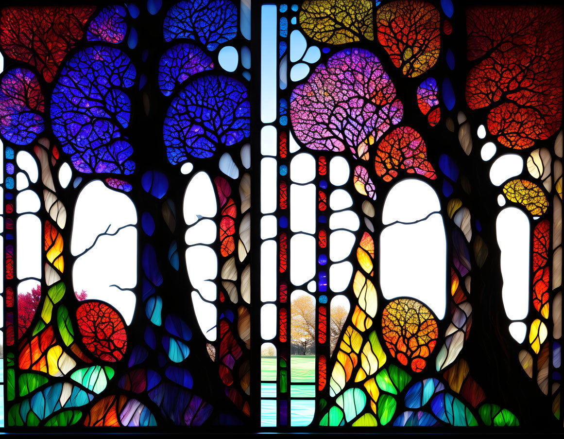 Vibrant Stylized Tree Design in Colorful Stained Glass