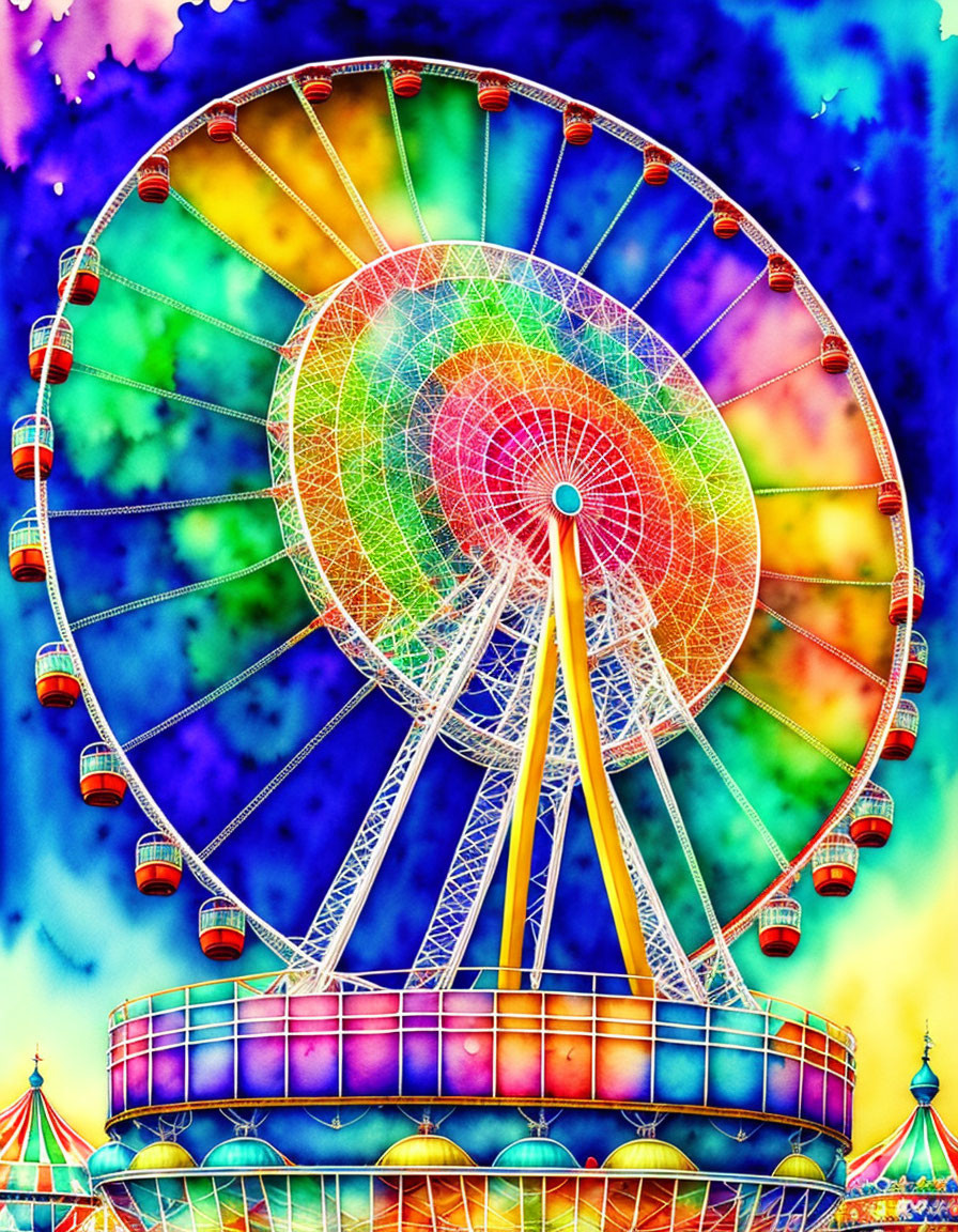 Colorful Ferris Wheel Illustration with Psychedelic Tie-Dye Background