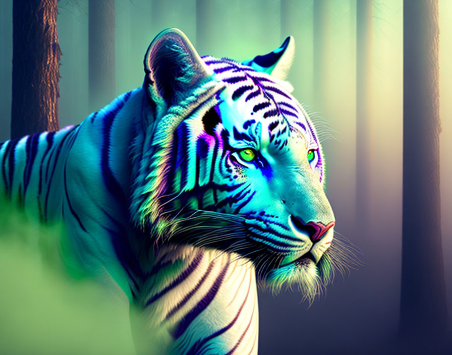 Digitally altered tiger image with blue stripes and colorful aura in forest setting.