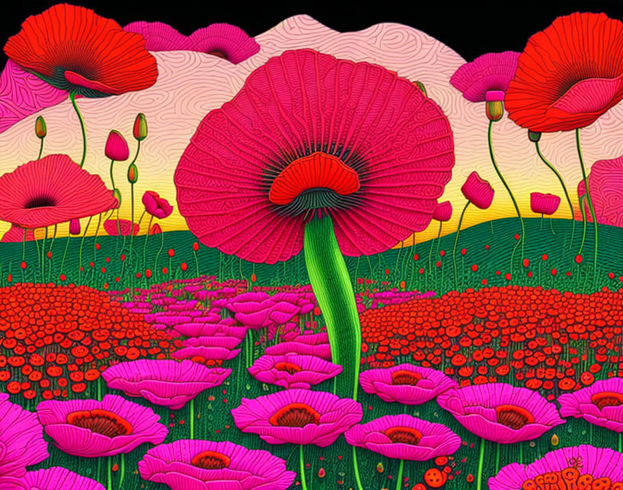 Colorful illustration of oversized red poppies against pink hills under a black sky