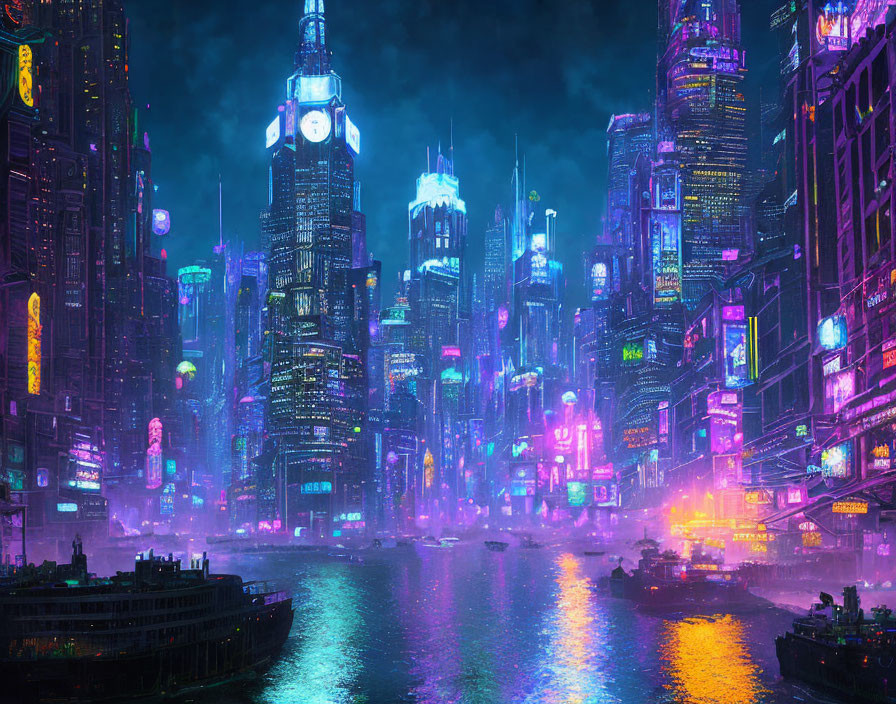 Futuristic neon-lit cityscape with skyscrapers and waterways