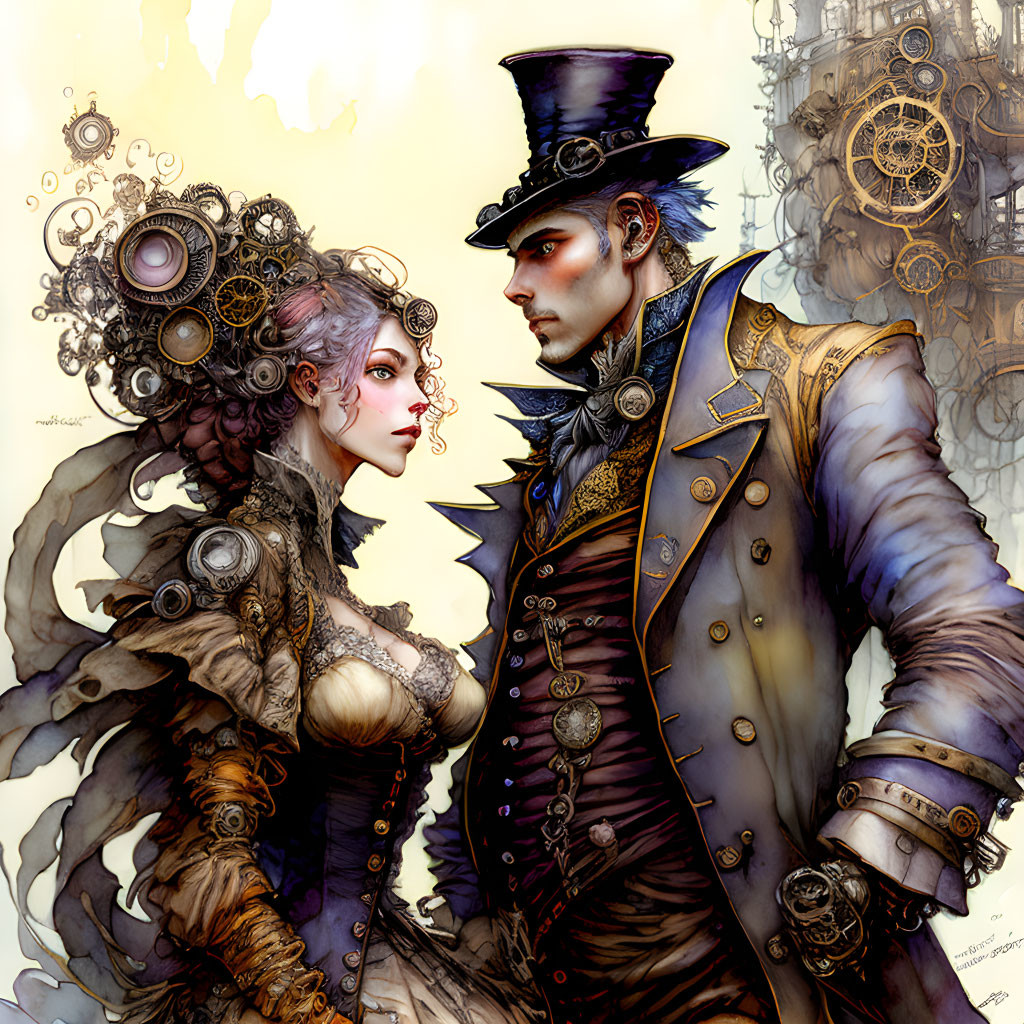 Steampunk-themed man and woman in Victorian attire with mechanical motifs.