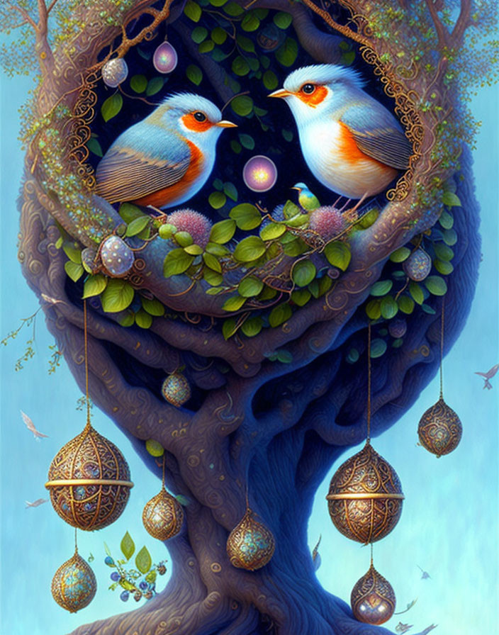 Colorful birds in heart-shaped tree with jewels and lanterns