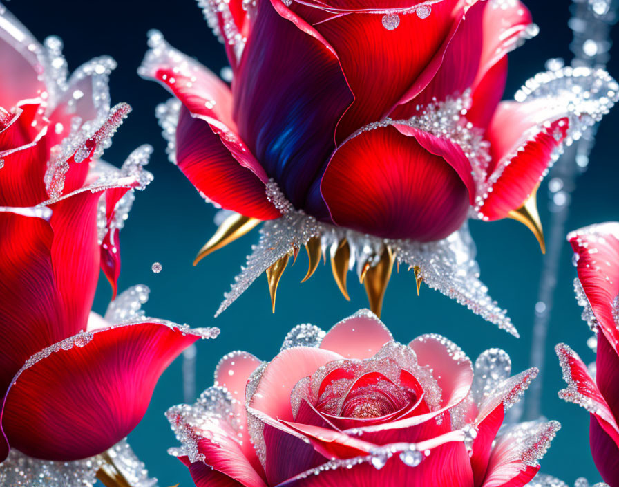 Detailed red roses with dewdrops on blue background