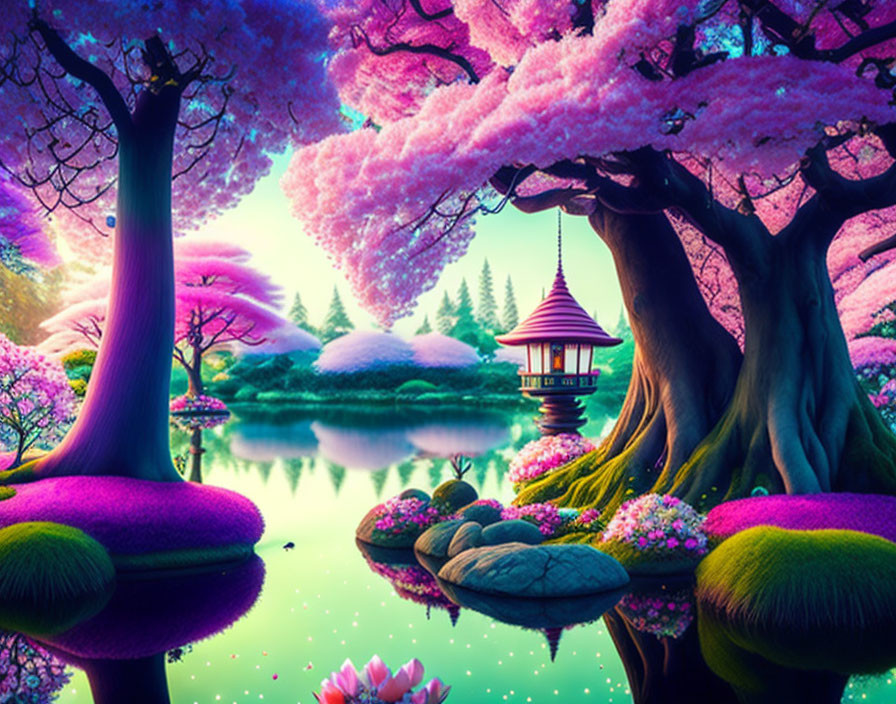 Fantasy landscape with pink cherry blossom trees and serene lake