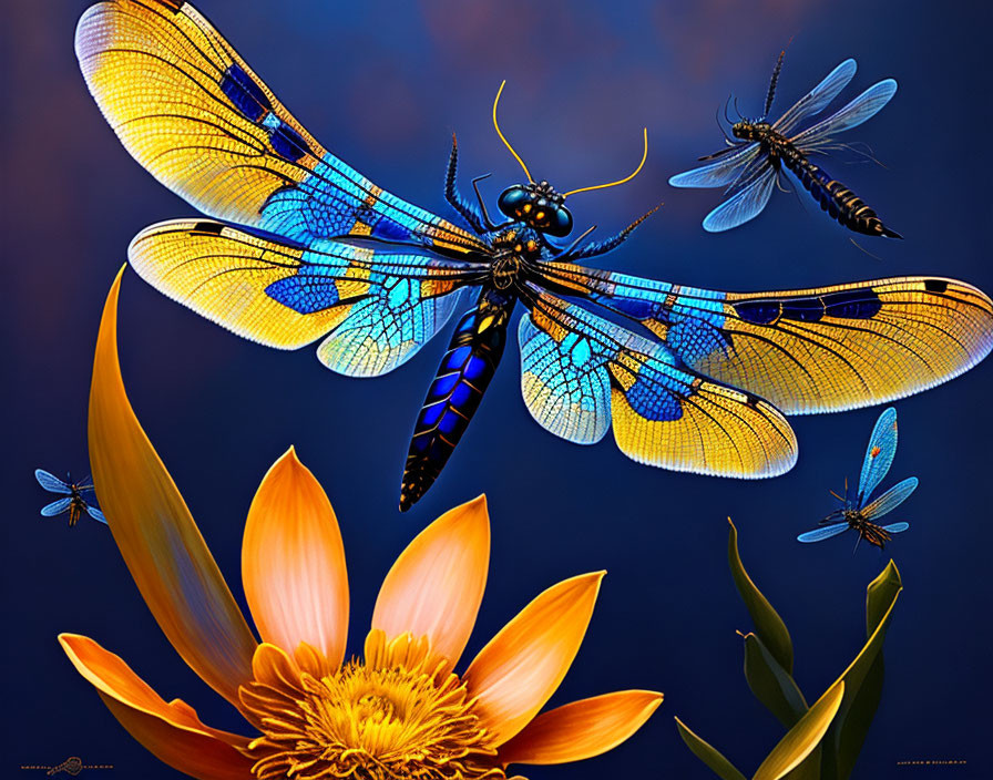 Detailed Dragonfly Illustration with Blue and Yellow Wings and Blooming Flower