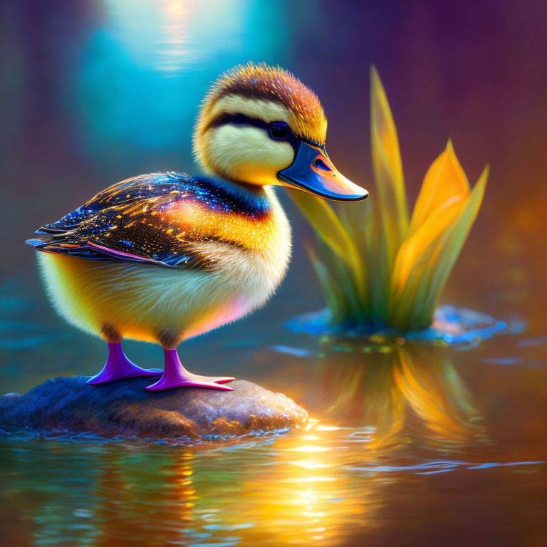 Vibrant duckling on rock with flower in soft light