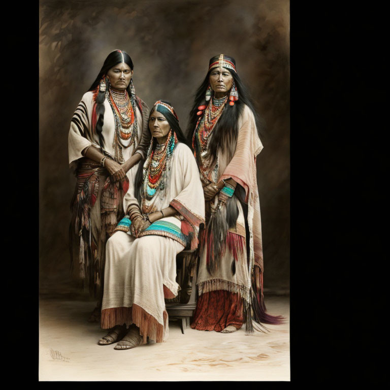 Three people in Native American attire with turquoise jewelry against neutral backdrop