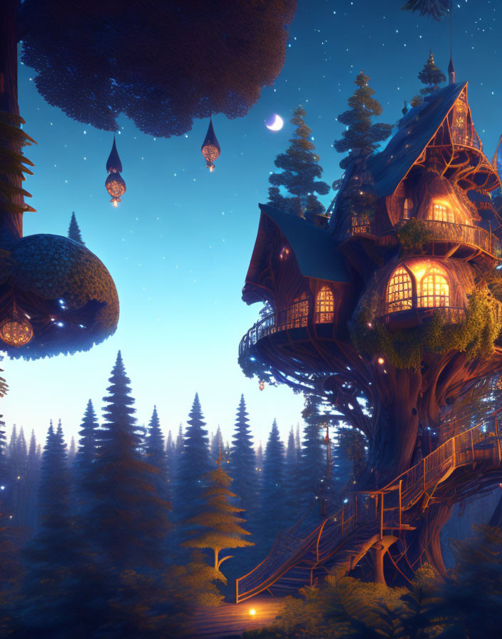 Whimsical treehouse with glowing lanterns in enchanting forest