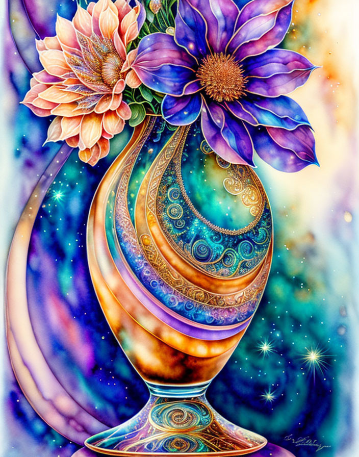 Detailed Illustration of Colorful Vase with Flowers on Starry Background