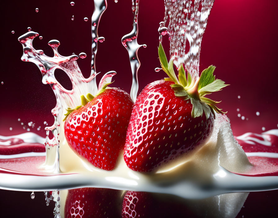 Ripe strawberries with cream on reflective surface against red background