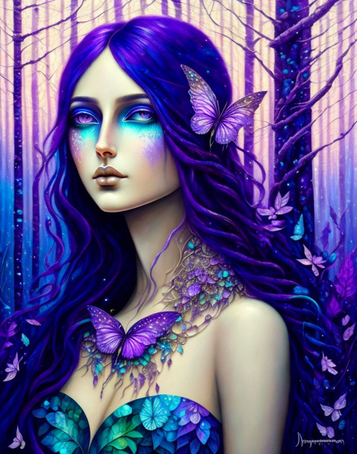 Digital artwork featuring woman with purple hair and butterfly wings in mystical forest