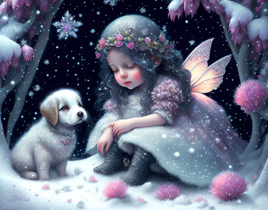 Illustration of girl with wings and flowers, puppy, pink trees, and snowflakes