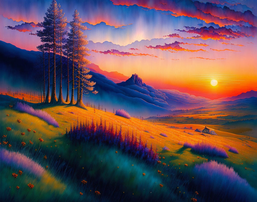 Colorful landscape painting: Sunset over purple hills, trees, mist layers