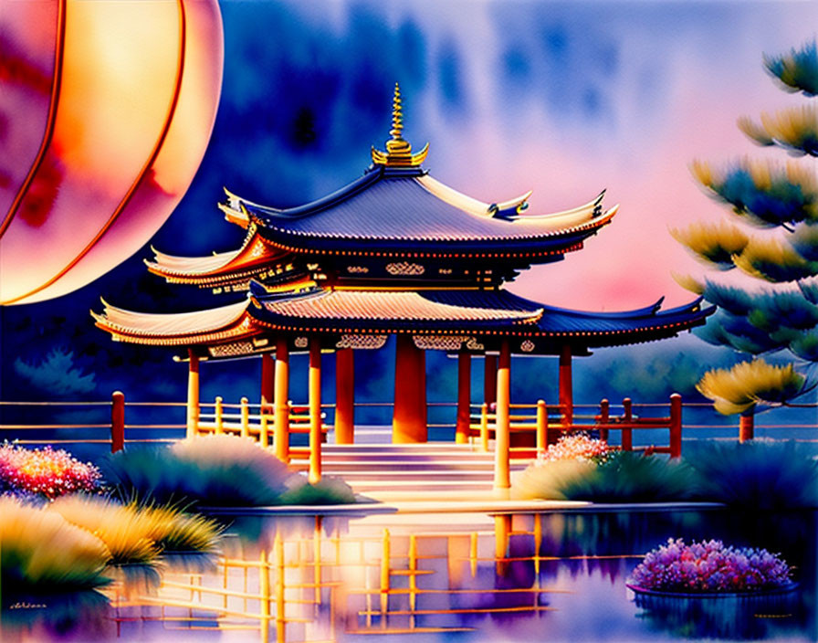 Illustration of traditional Asian temple with red moon, lush flora, and water reflection