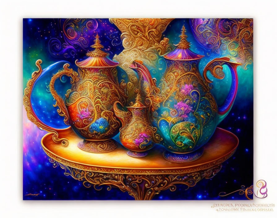 Colorful Teapots Painting Against Cosmic Background