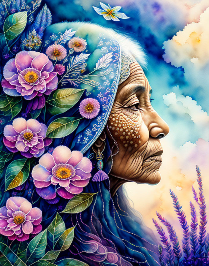 Elderly woman portrait with floral elements and vibrant colors on dreamy sky background