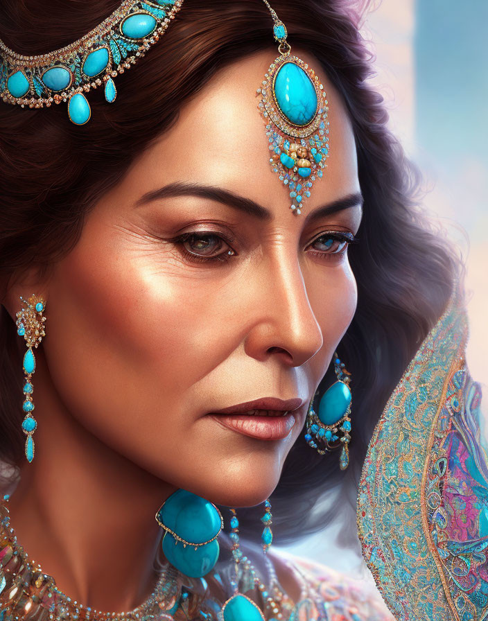 Illustrated woman in turquoise jewelry and headdress gazing contemplatively