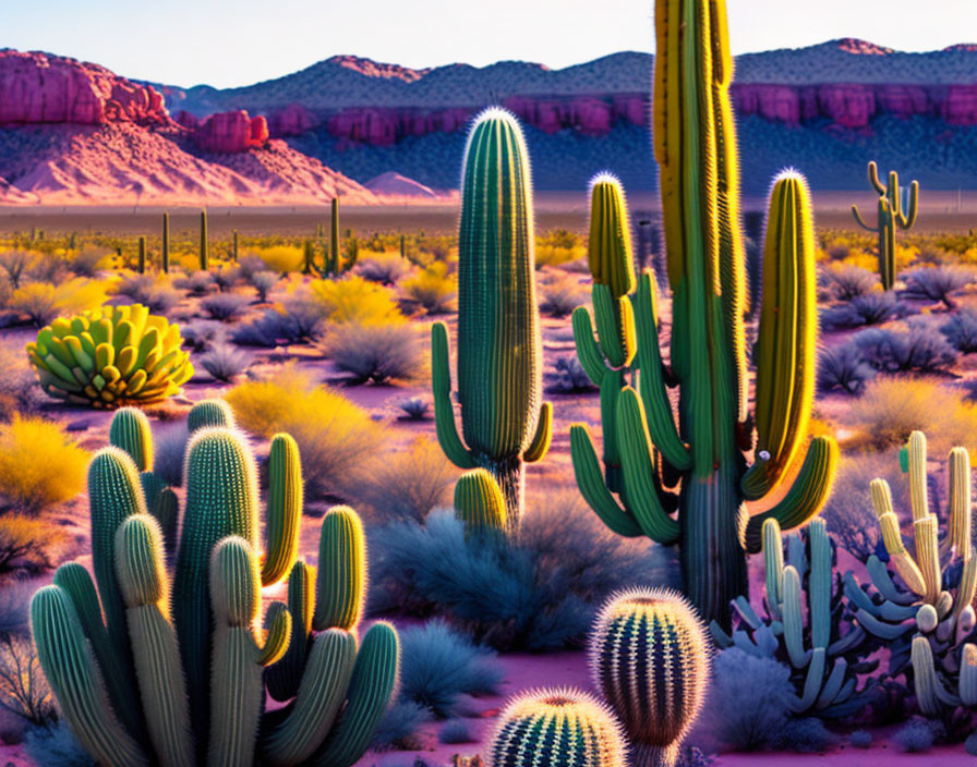 Colorful Desert Cacti and Purple Mountains at Sunset