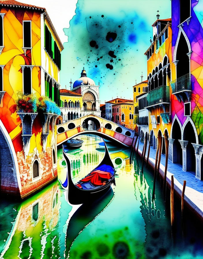 Colorful Venice Canal Scene with Gondola and Whimsical Buildings