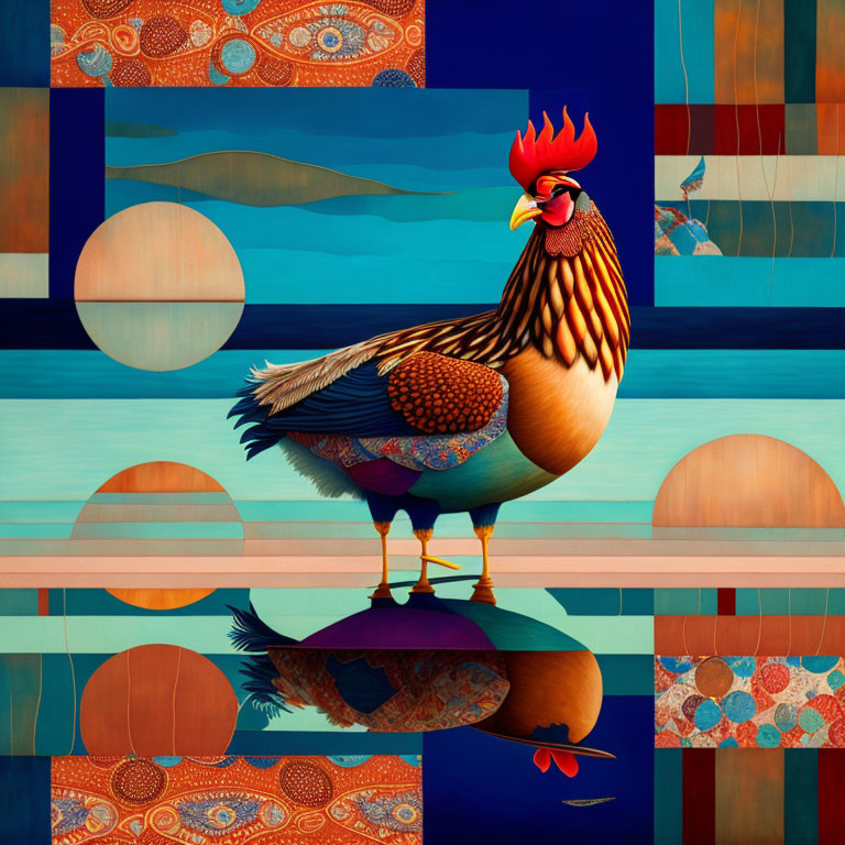 Colorful Stylized Rooster on Abstract Geometric Background