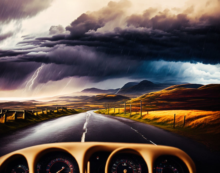 Stormy Landscape with Dark Clouds and Lightning Seen from Car Interior