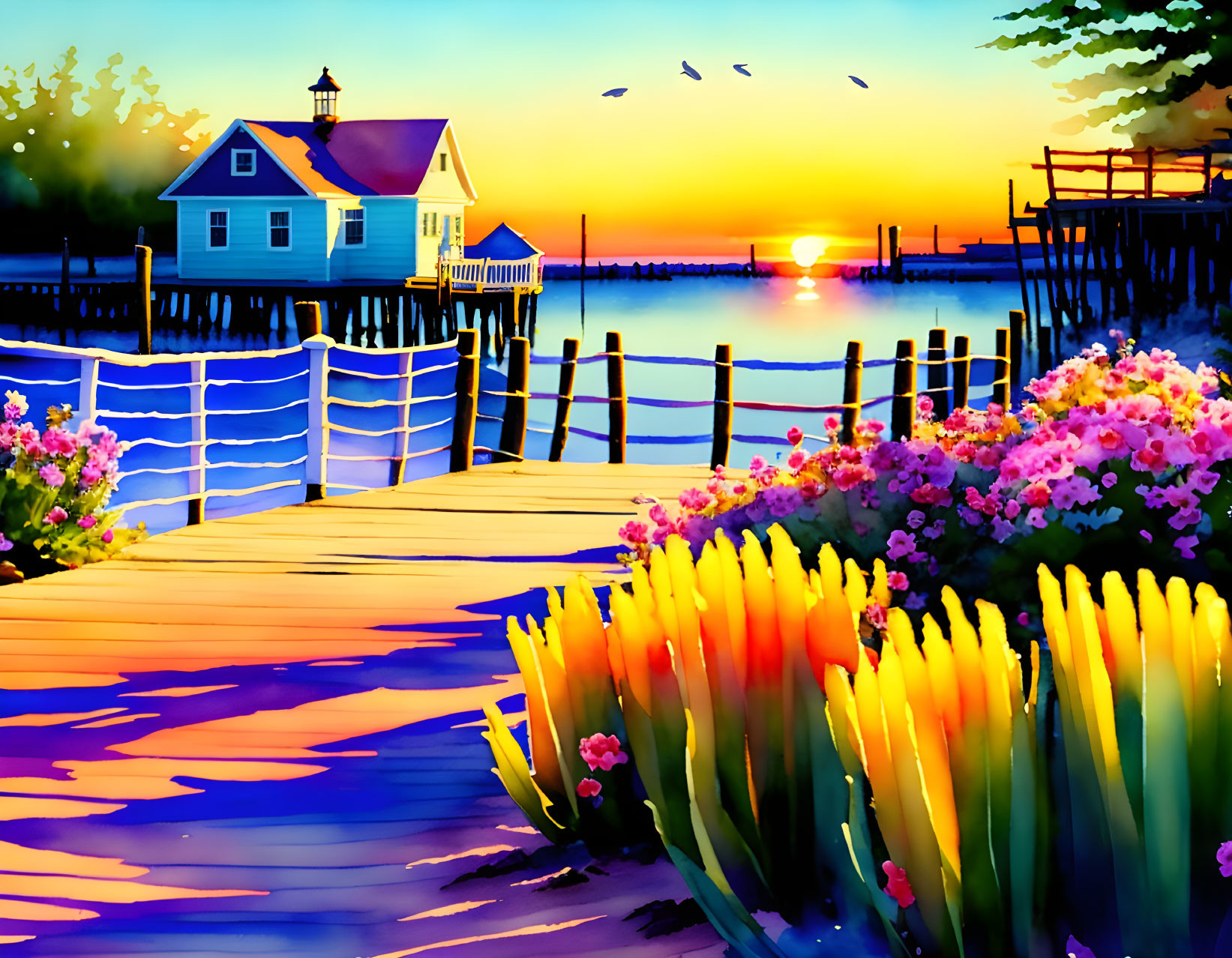 Tranquil lake sunset with wooden dock, small house, vibrant flowers, and flying birds