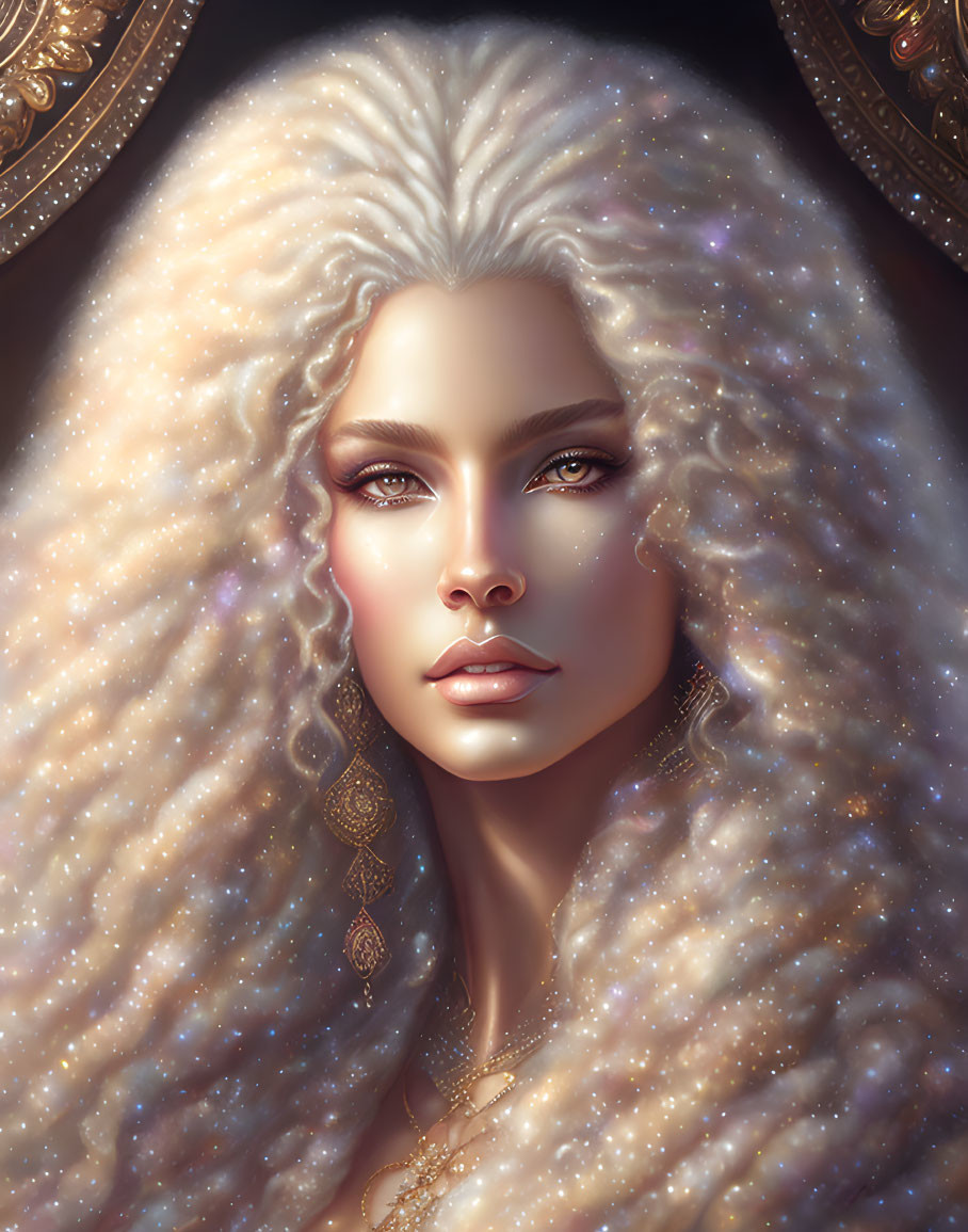 Blonde woman with wavy hair and starry background portrait.