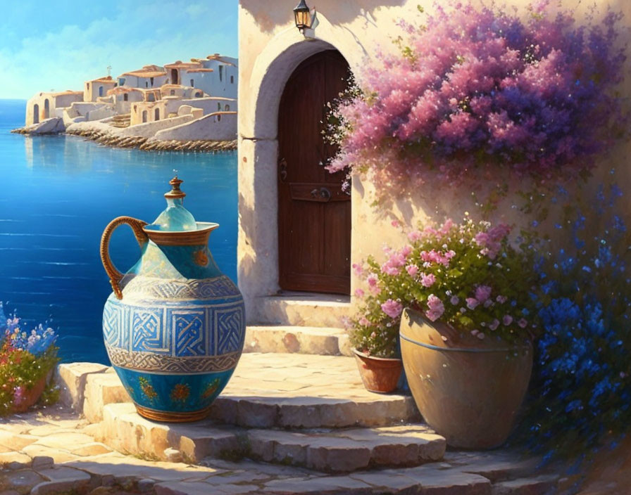 Colorful Mediterranean seaside painting with blue jug, blooming flowers, and whitewashed buildings.