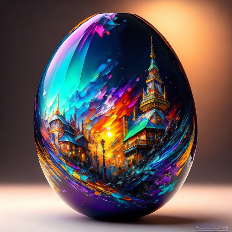 Fantasy landscape with whimsical architecture on egg-shaped canvas