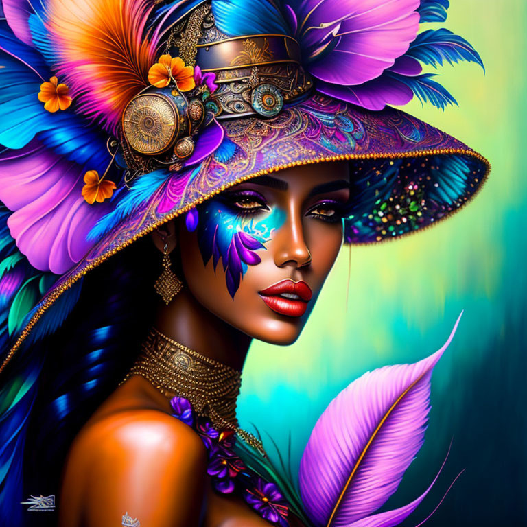 Colorful digital artwork: Woman with exotic makeup and decorative hat on turquoise backdrop