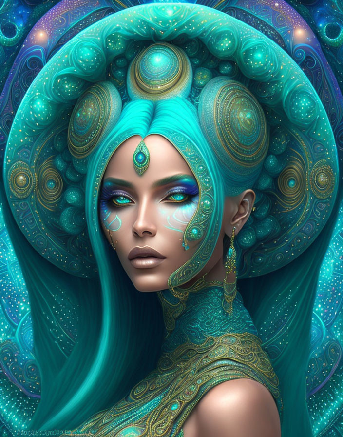 Fantasy illustration of woman with turquoise skin and intricate headdress.