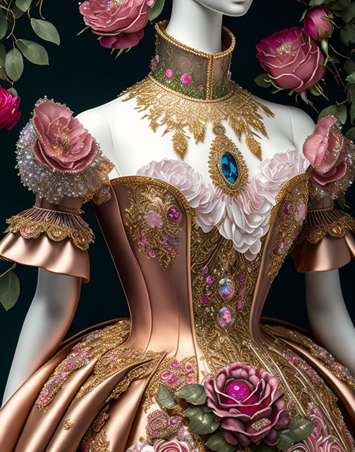 Opulent rose-themed gown on elegant mannequin