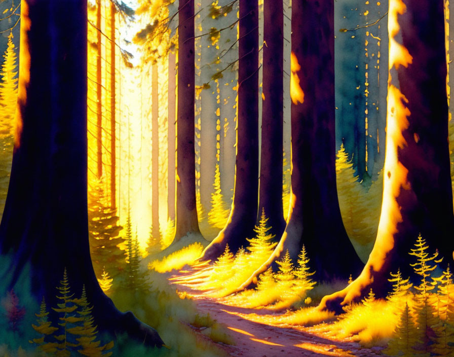 Forest path illuminated by sunbeams in golden hues