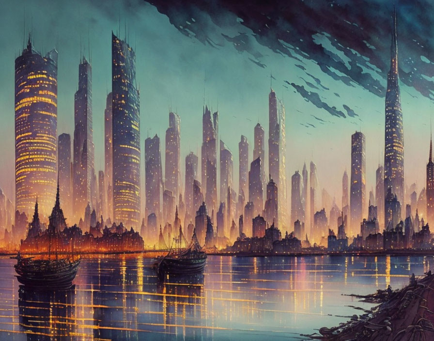 Futuristic cityscape at dusk with illuminated skyscrapers and ships under ominous sky