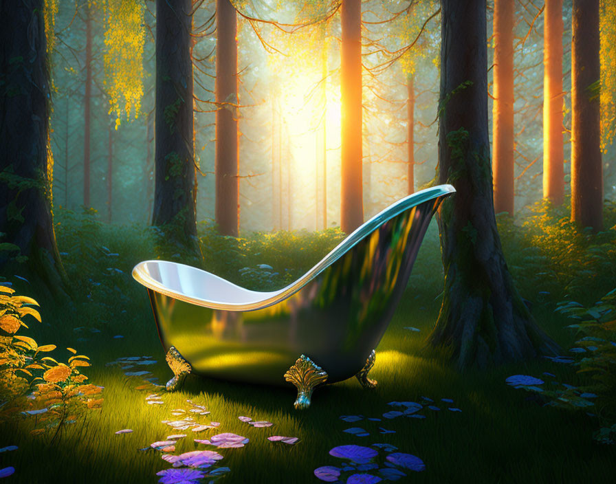 Shiny Bathtub with Ornate Feet in Magical Forest Setting