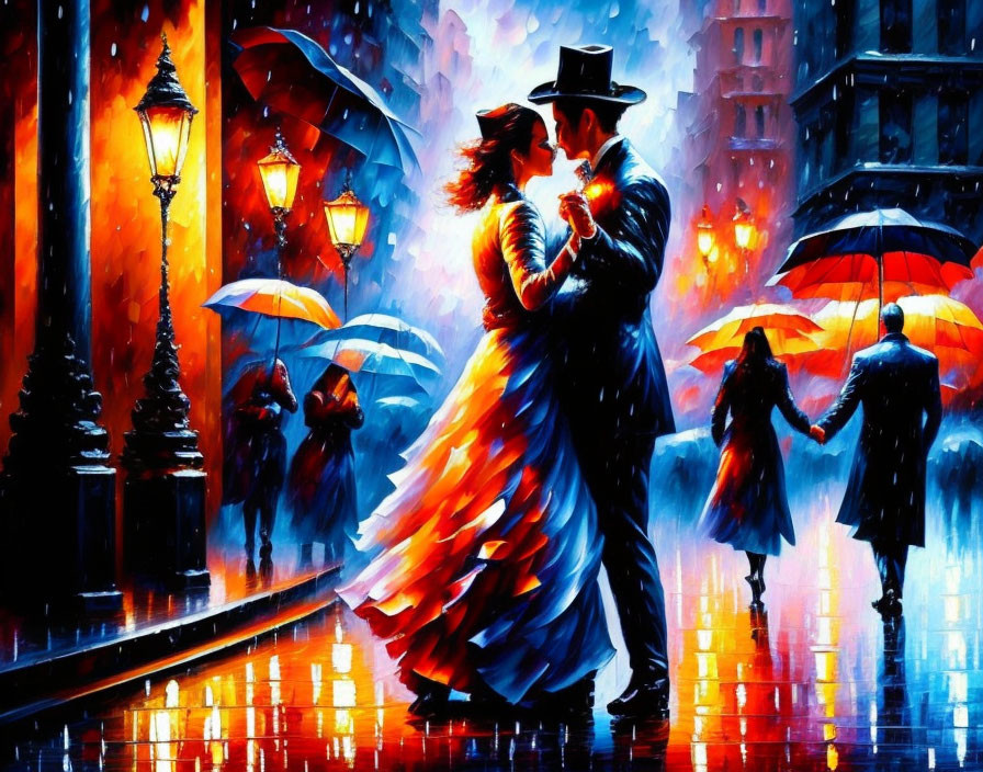 Colorful painting of couple dancing in rain on night street with umbrellas & streetlamps