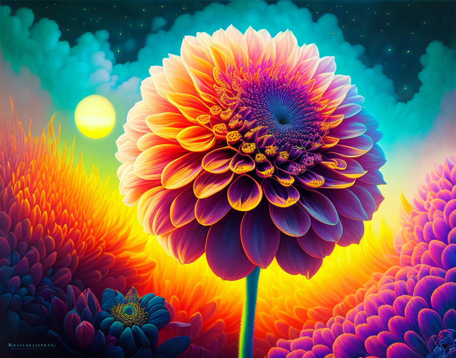 Colorful Flower Art Against Starry Sky and Luminous Horizon