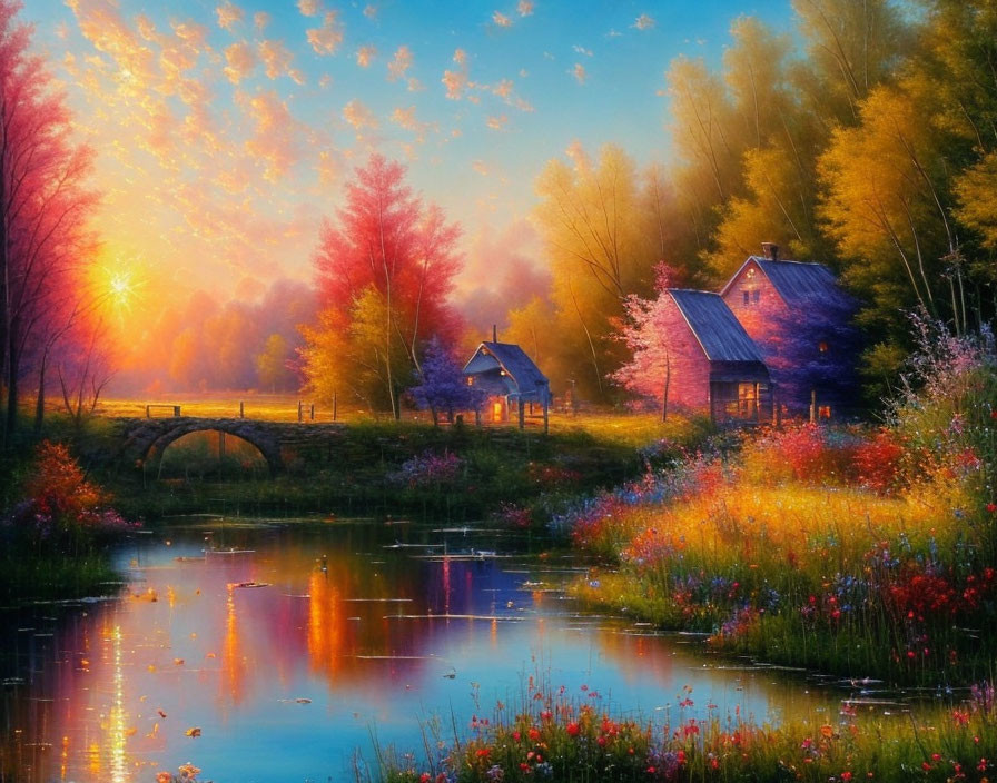 Tranquil rural landscape with two houses near pond at sunset