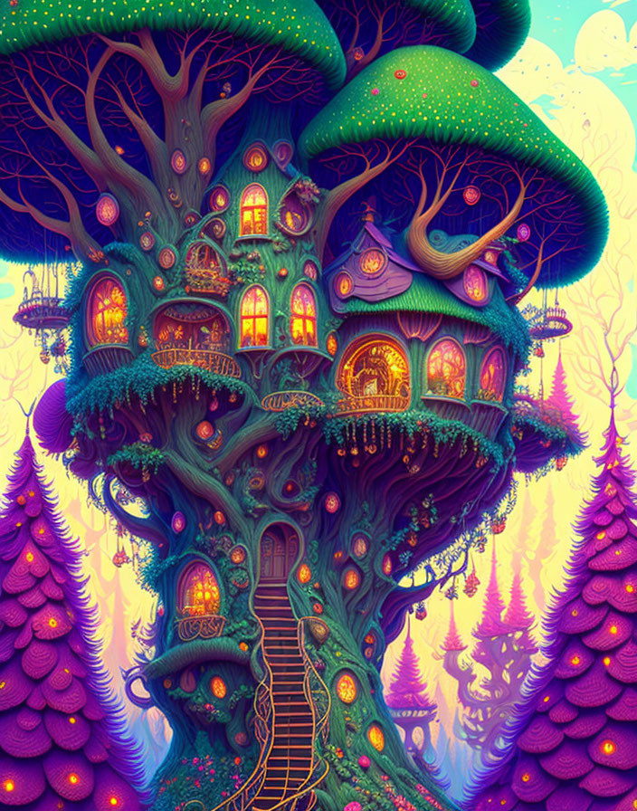 Vibrant whimsical treehouse illustration in mystical forest