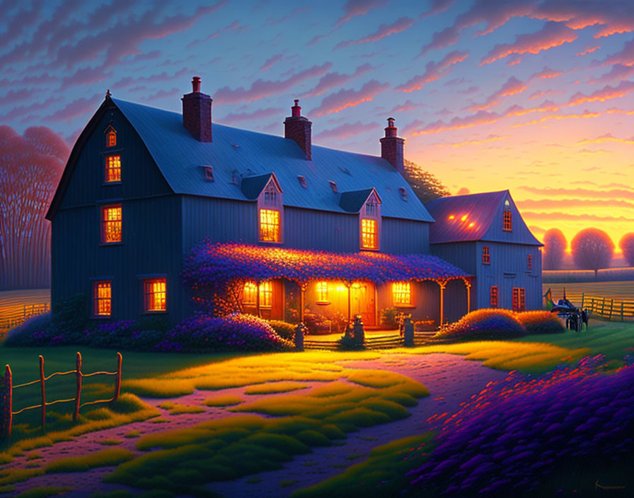 Rustic farmhouse at sunset with purple flowers and twilight sky