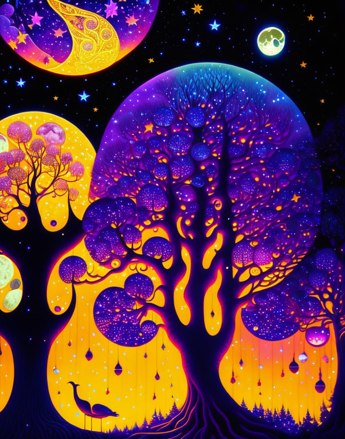 Colorful psychedelic tree art with celestial background and stag silhouette