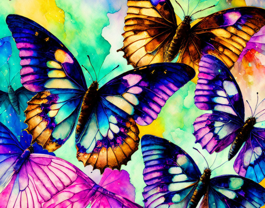 Vibrant Watercolor Painting of Colorful Butterflies